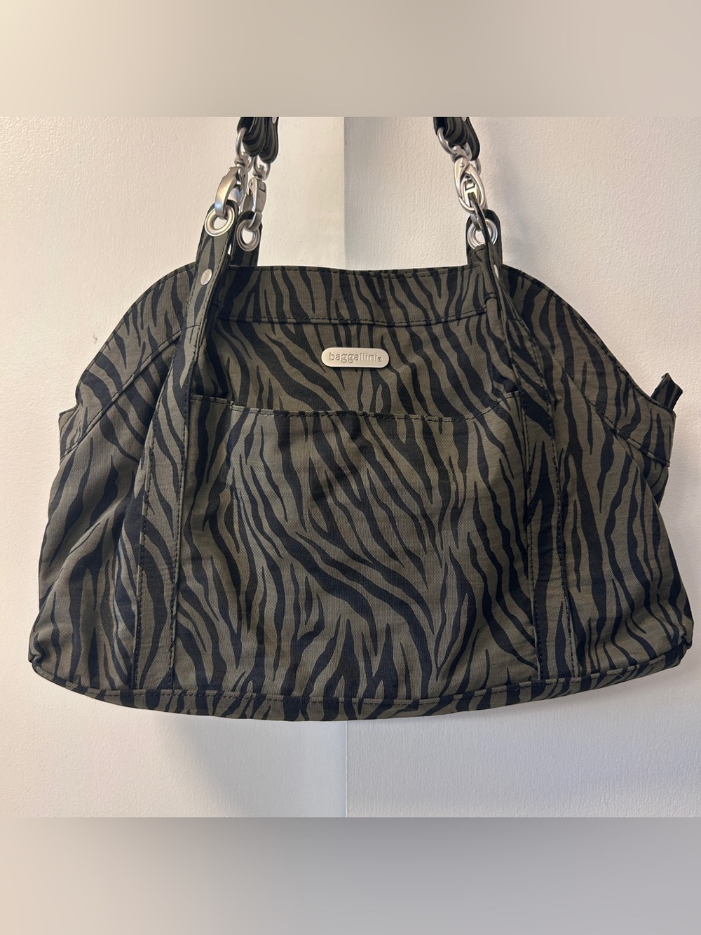 Baggalini Olive and Black Zebra Print Shoulder Bag